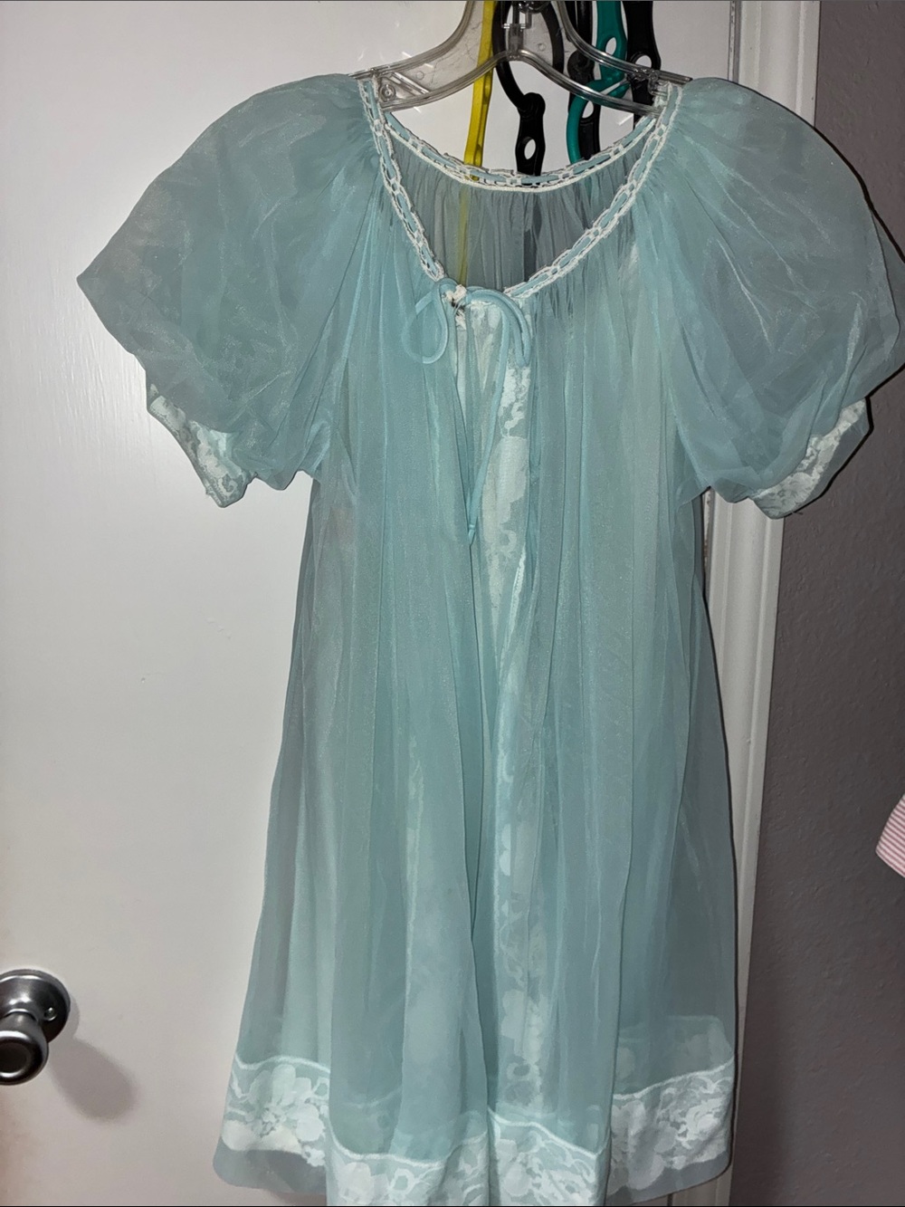 Miss Elaine Sheer Aqua Puff-Sleeve Peignoir
